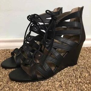 New, Black, Zip Up Wedge Sandals